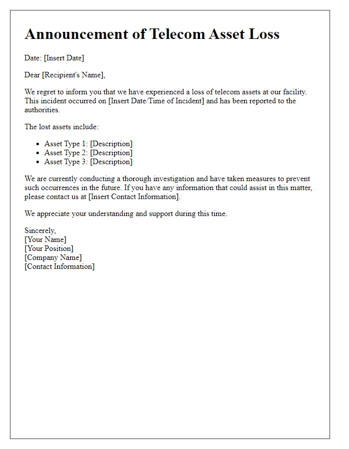Letter template of telecom asset loss announcement
