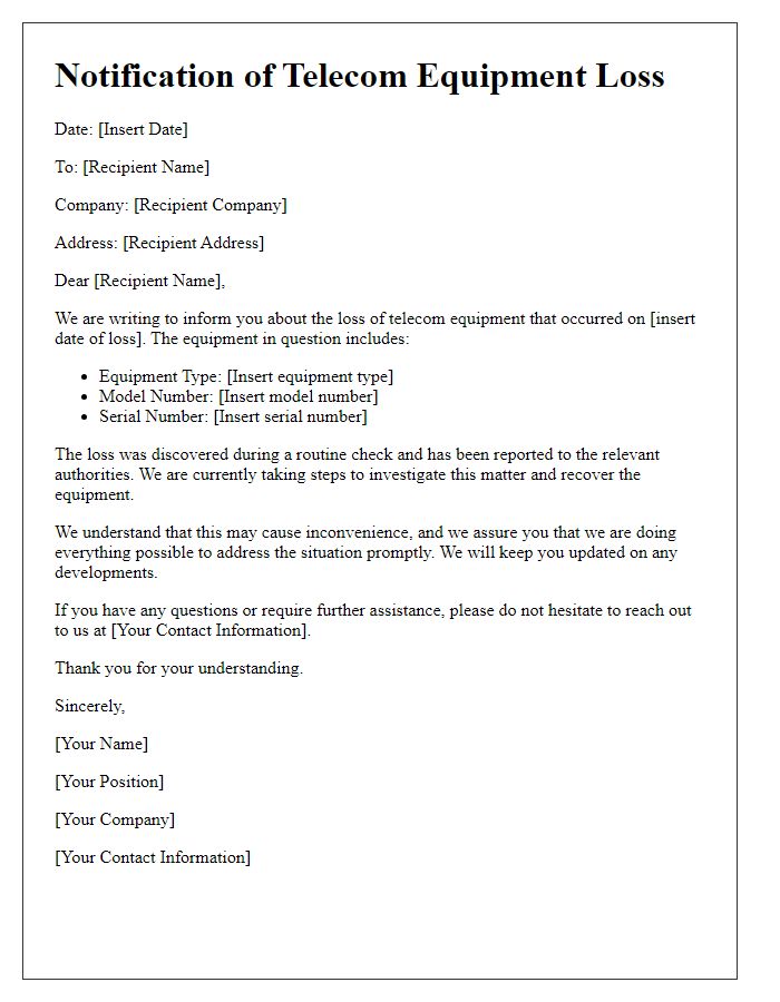 Letter template of telecom equipment loss communication