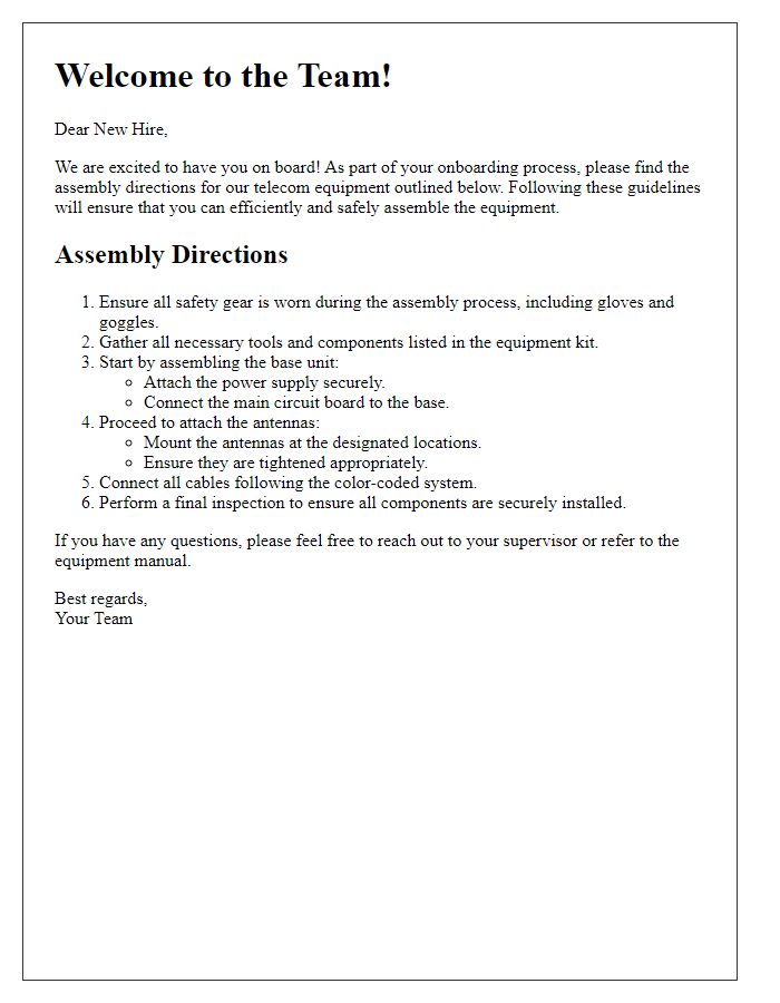 Letter template of telecom equipment assembly directions for new hires