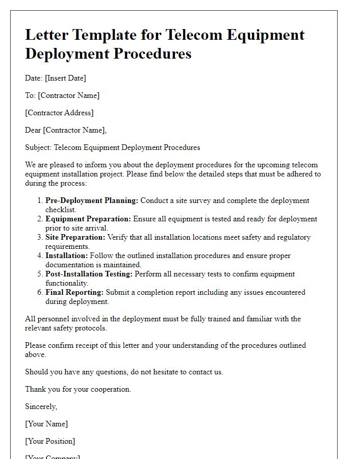 Letter template of telecom equipment deployment procedures for contractors