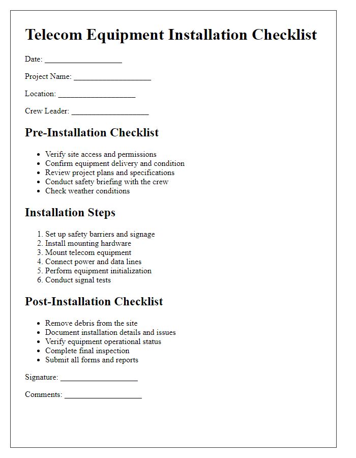 Letter template of telecom equipment installation checklist for crews