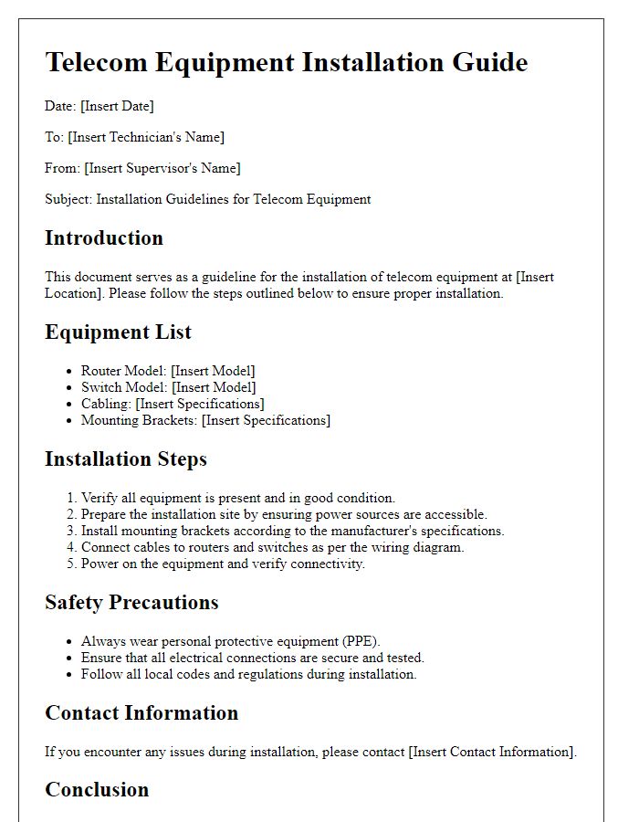 Letter template of telecom equipment installation guide for technicians