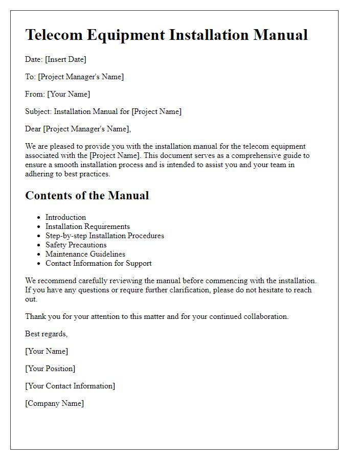 Letter template of telecom equipment installation manual for project managers