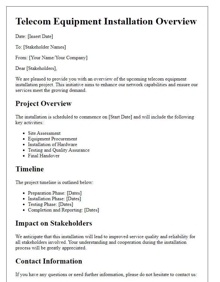 Letter template of telecom equipment installation overview for stakeholders