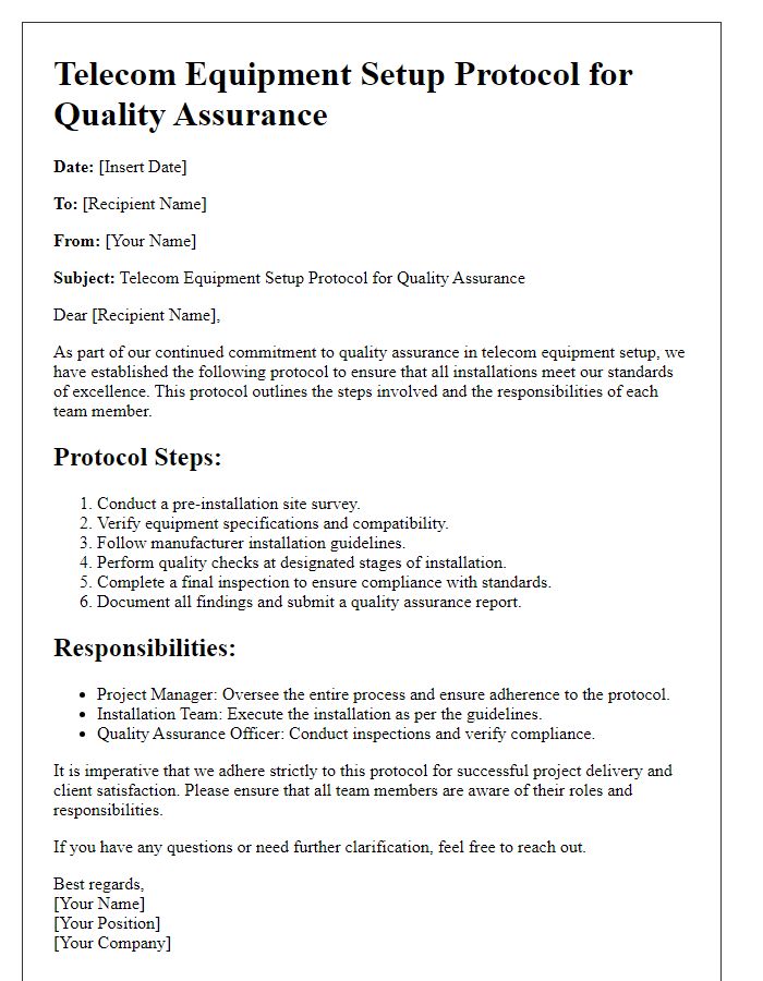 Letter template of telecom equipment setup protocol for quality assurance