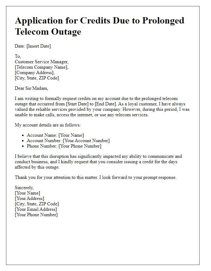 Letter template of application for credits due to prolonged telecom outage