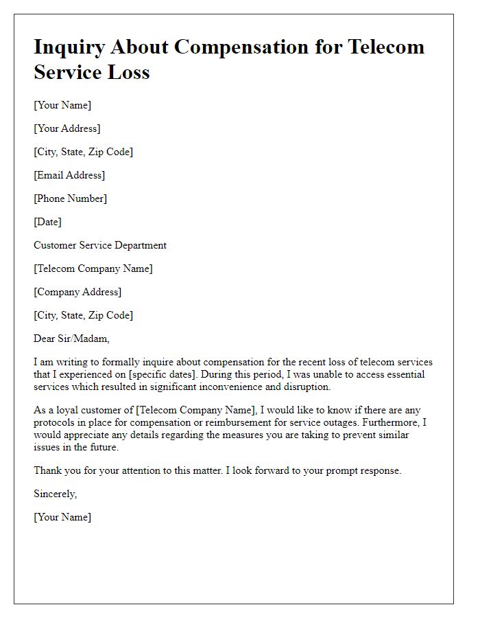 Letter template of inquiry about compensation for telecom service loss