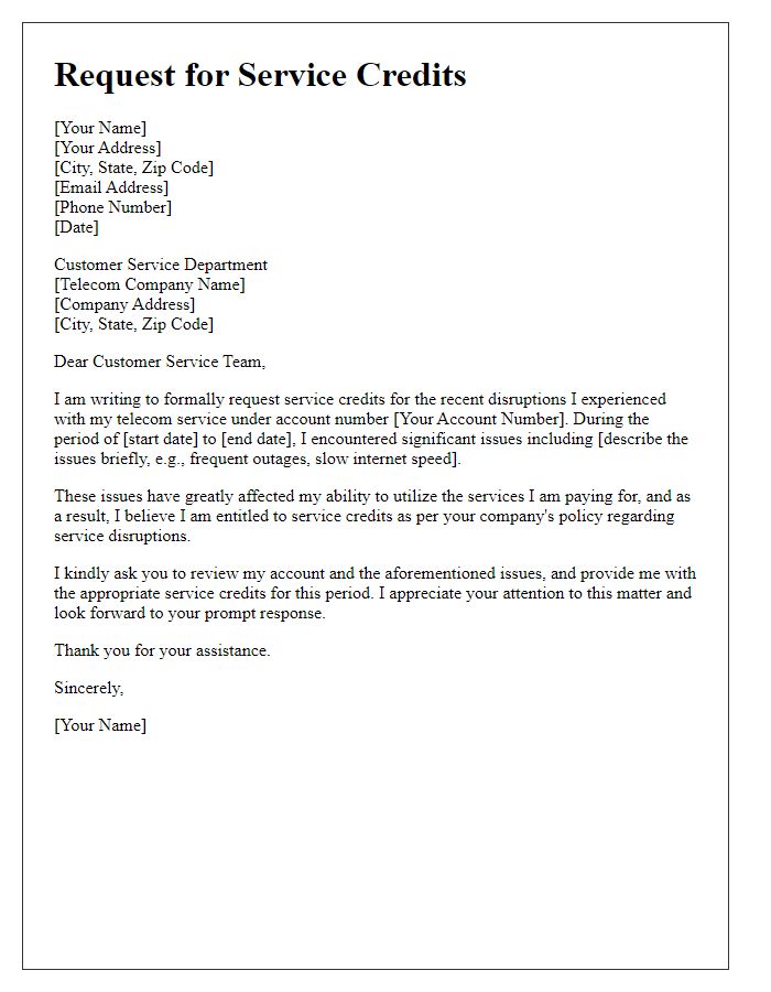 Letter template of request for service credits following telecom issues