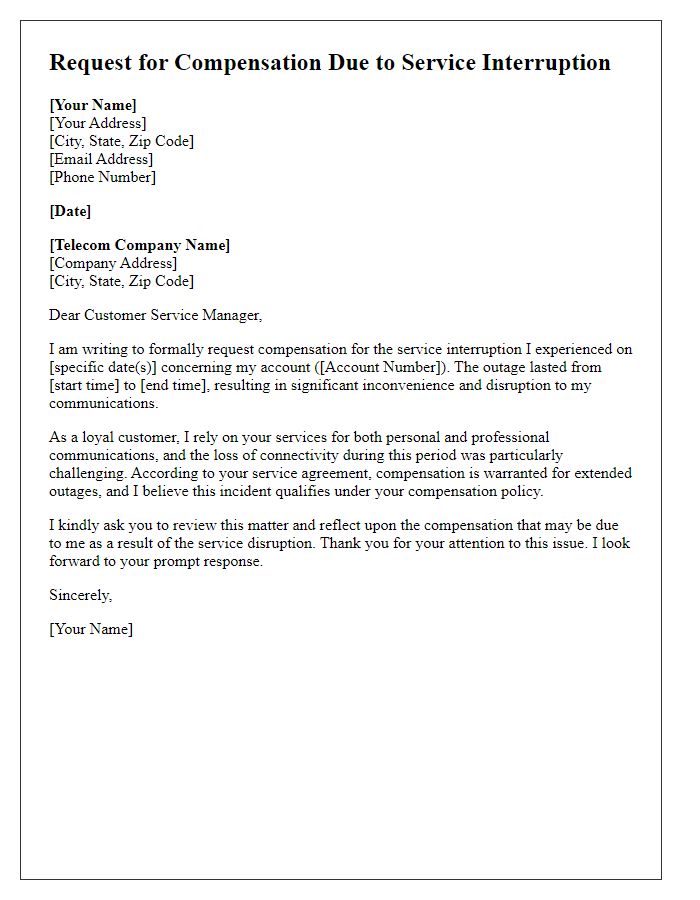 Letter template of request for telecom service outage compensation due to service interruption