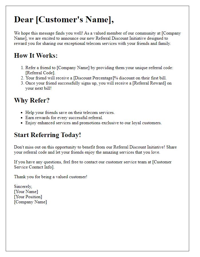 Letter template of telecom service referral discount initiative