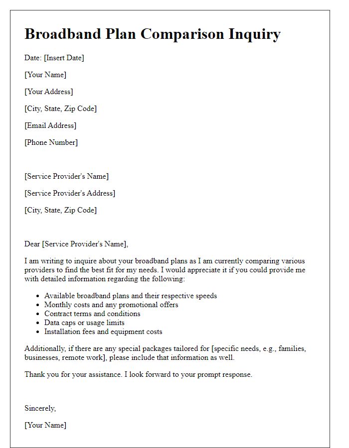 Letter template of broadband plan comparison inquiry.