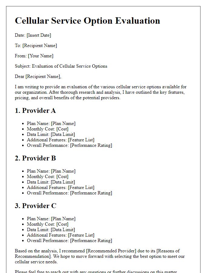 Letter template of cellular service option evaluation.