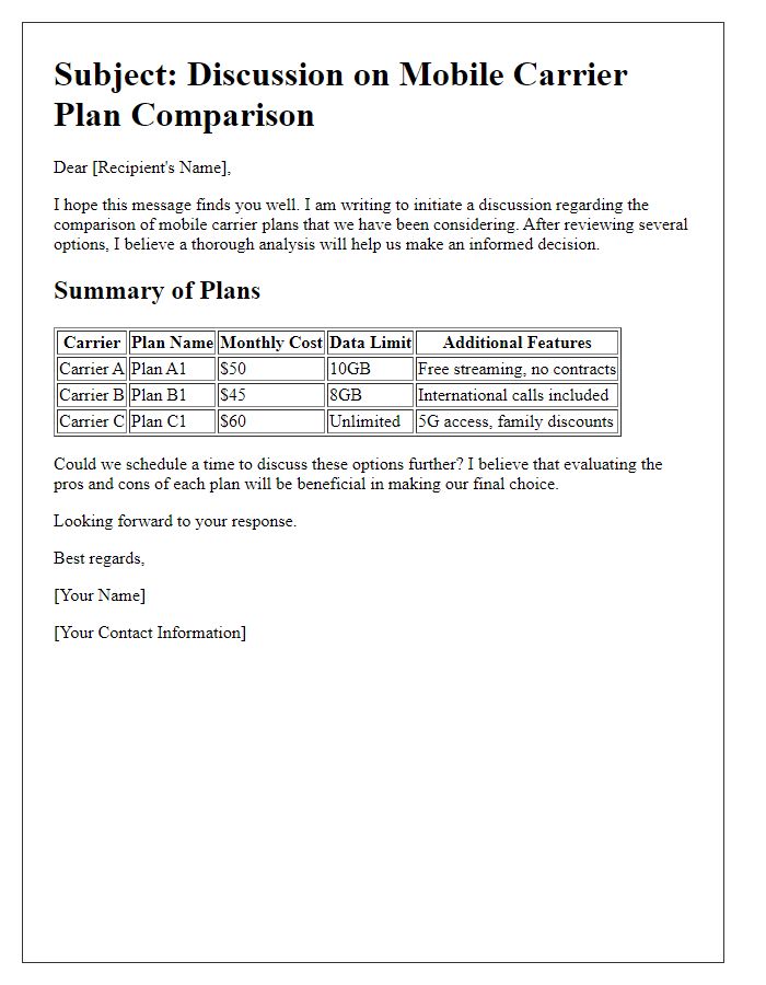 Letter template of mobile carrier plan comparison discussion.