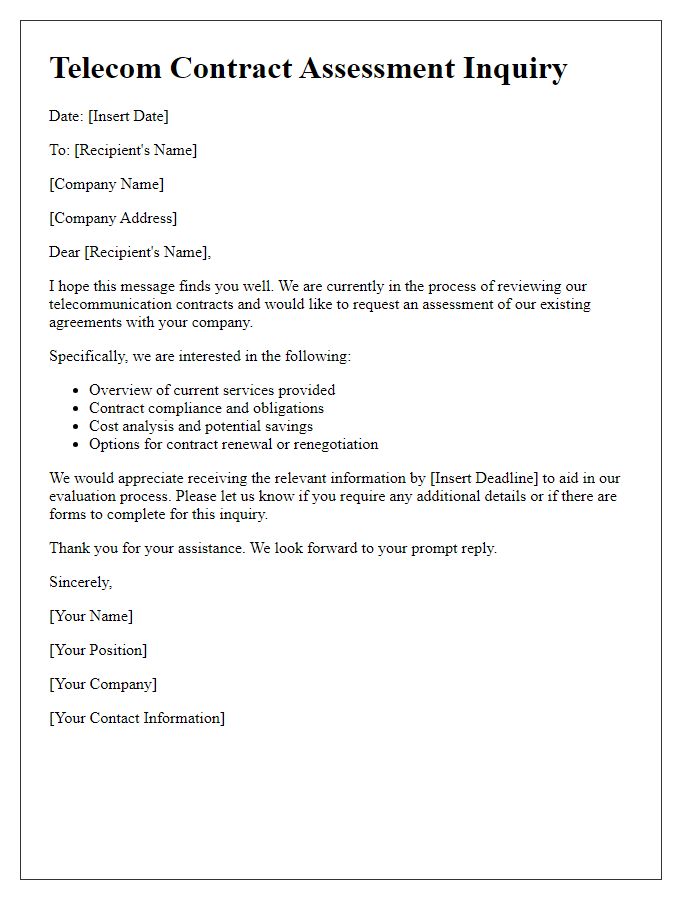 Letter template of telecom contract assessment inquiry.
