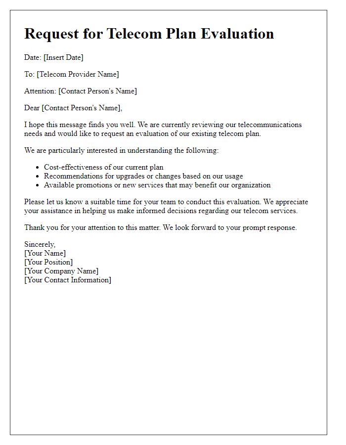 Letter template of telecom plan evaluation request.