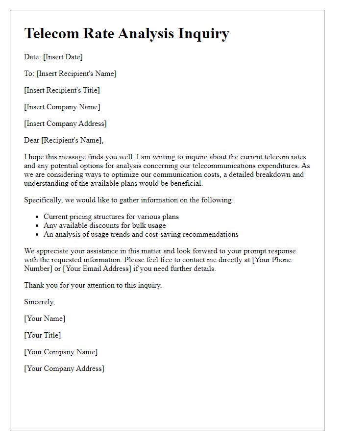 Letter template of telecom rate analysis inquiry.