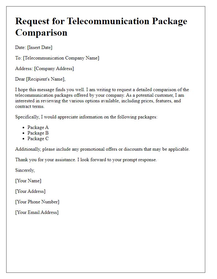 Letter template of telecommunication package comparison request.