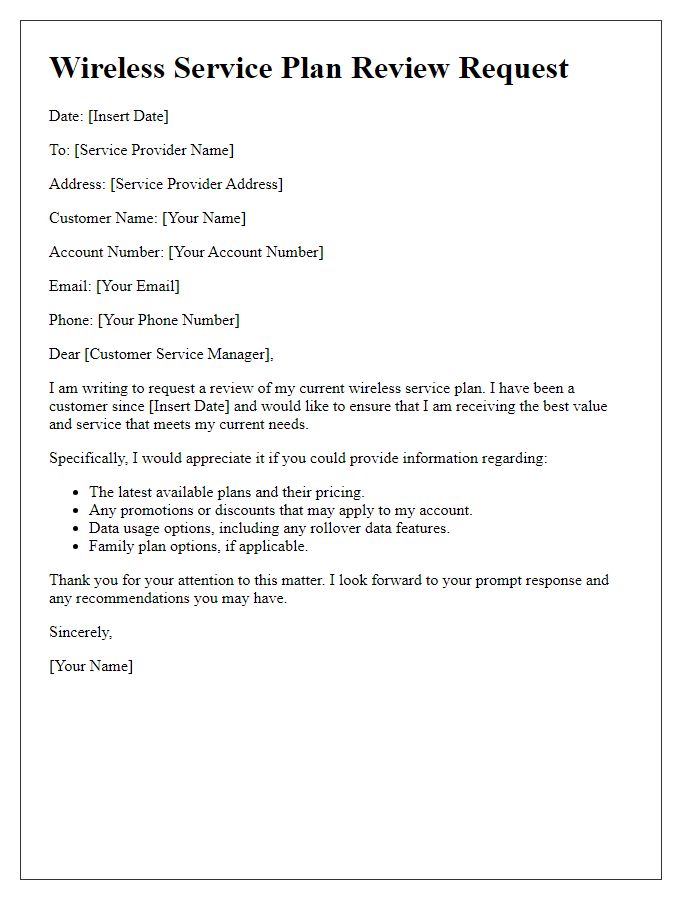 Letter template of wireless service plan review request.