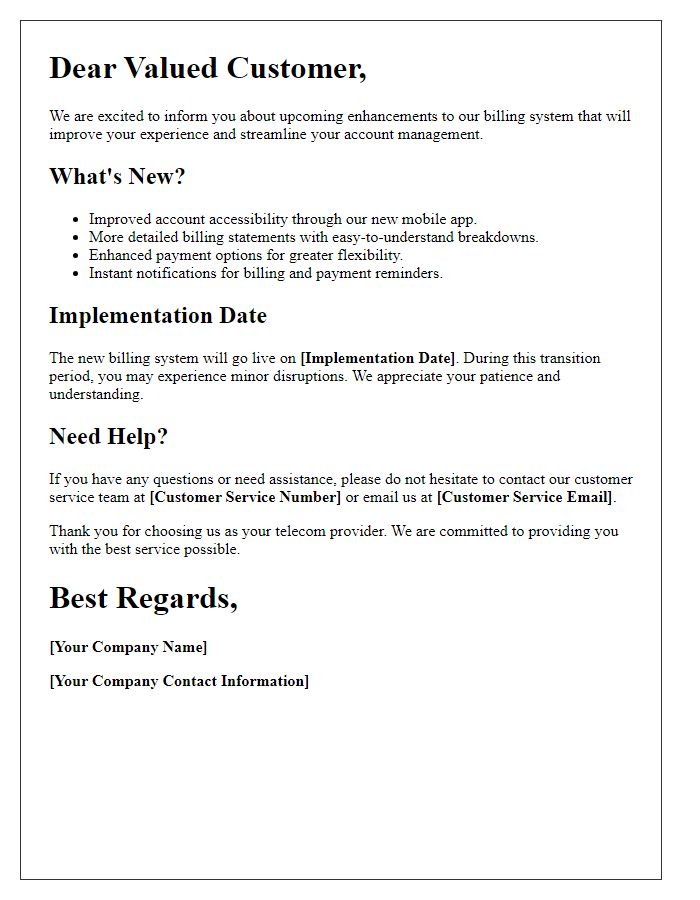 Letter template of billing system enhancement notification for telecom customers
