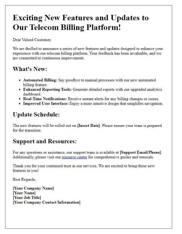 Letter template of new features and updates in telecom billing platform