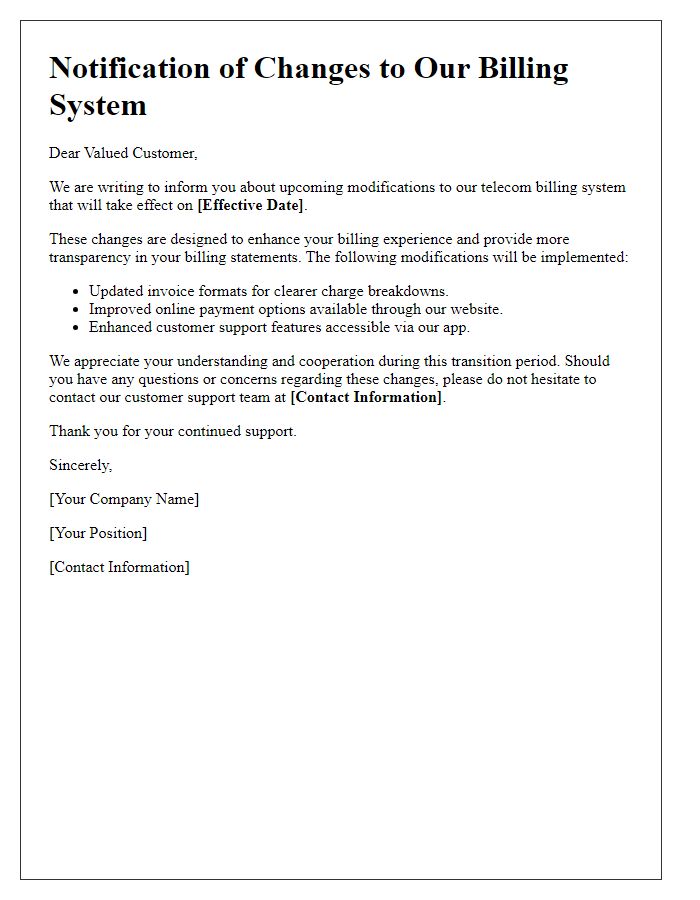 Letter template of notifications regarding telecom billing system modifications