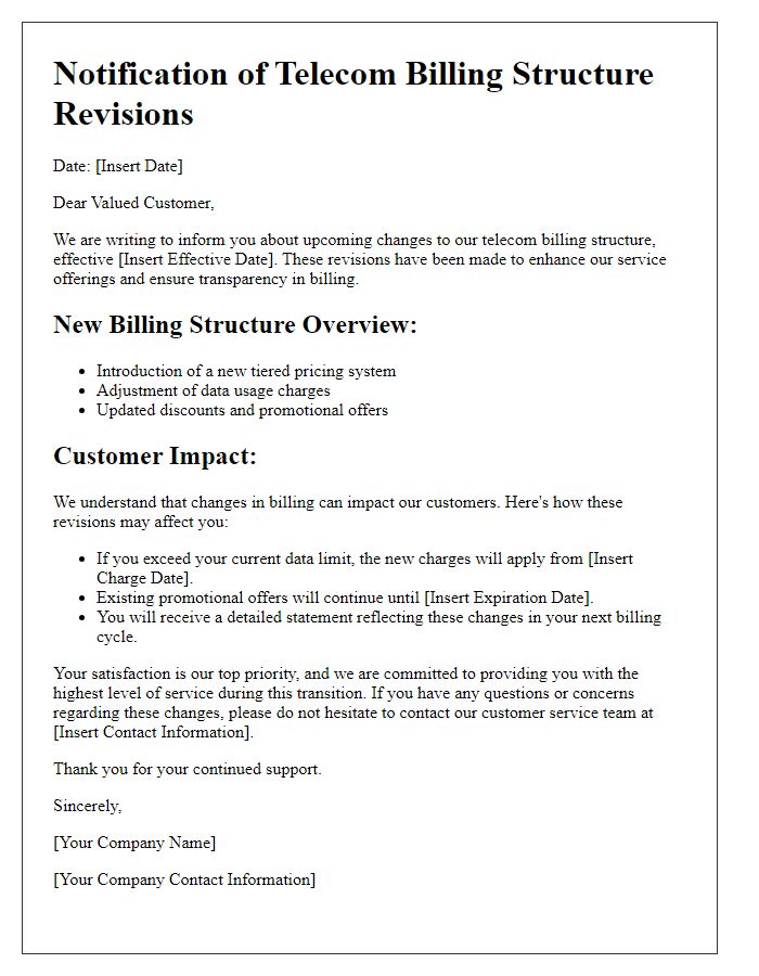 Letter template of telecom billing structure revisions and customer impact