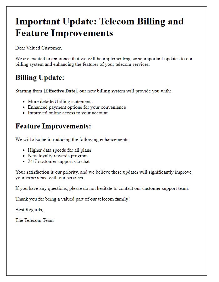 Letter template of telecom billing update and feature improvement announcement