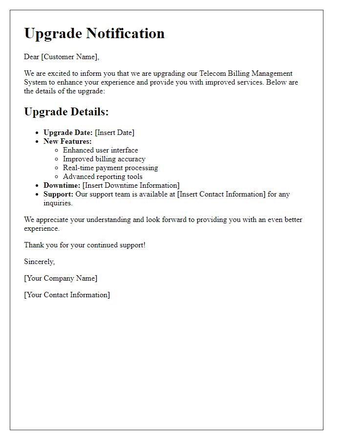 Letter template of upgrade details for telecom billing management system