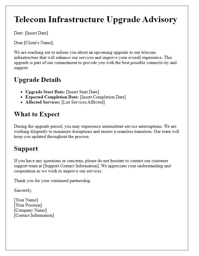 Letter template of telecom infrastructure upgrade advisory