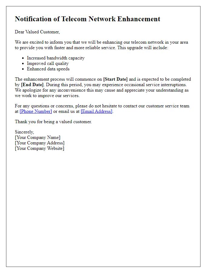 Letter template of telecom network enhancement notification