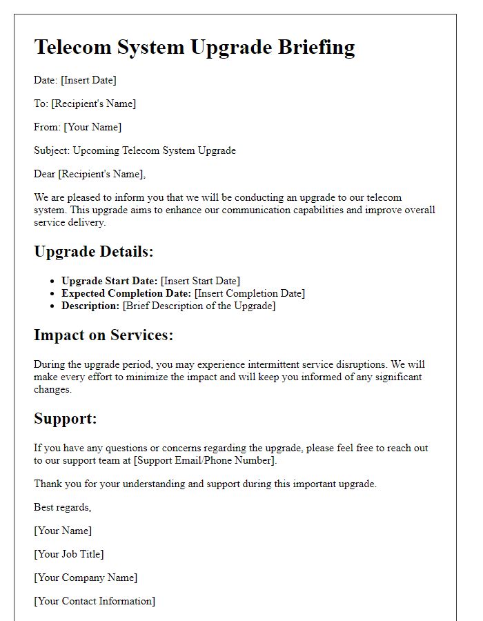 Letter template of telecom system upgrade briefing