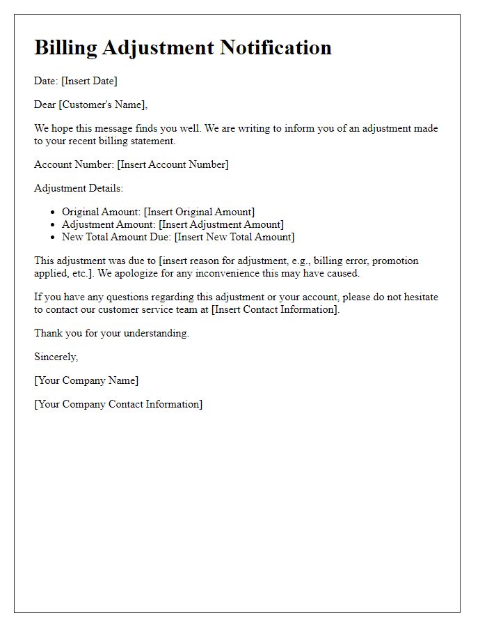 Letter template of telecom billing adjustment notification