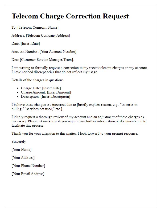 Letter template of telecom charge correction request