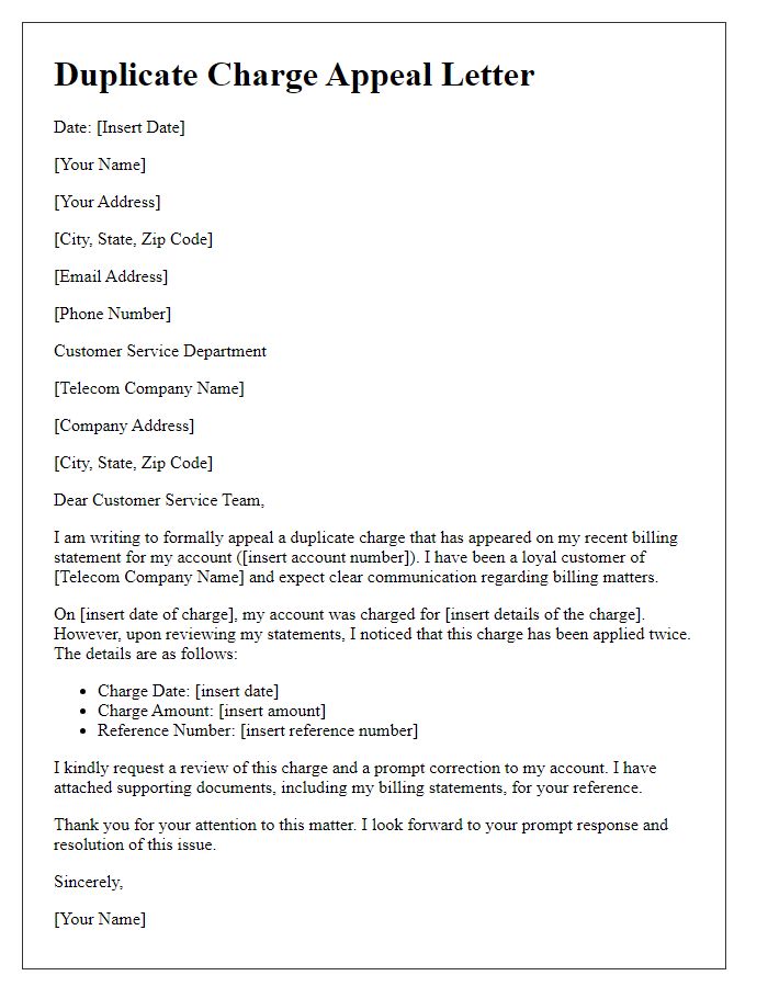 Letter template of telecom duplicate charge appeal