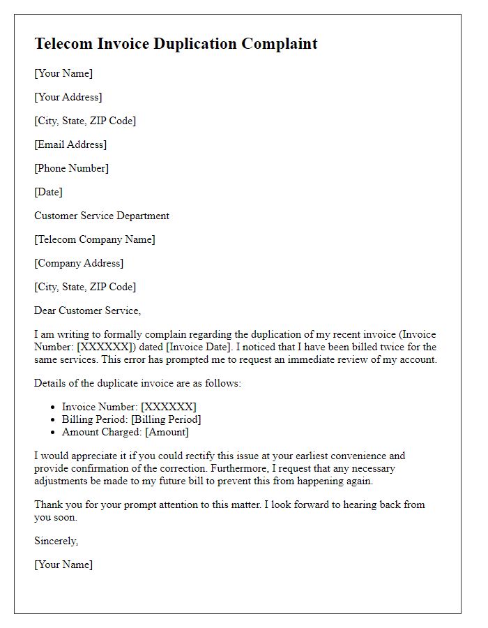 Letter template of telecom invoice duplication complaint