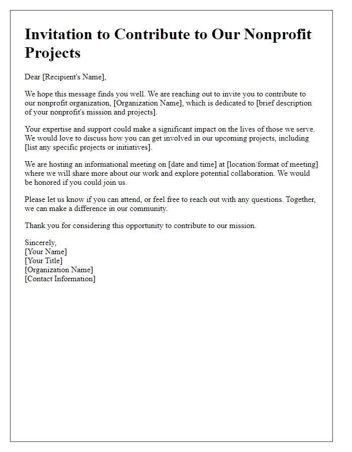 Letter template of invitation to contribute to our nonprofit projects.