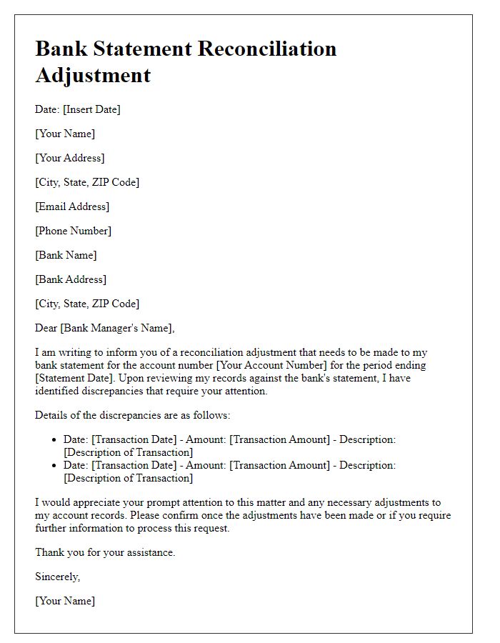 Letter template of bank statement reconciliation adjustment