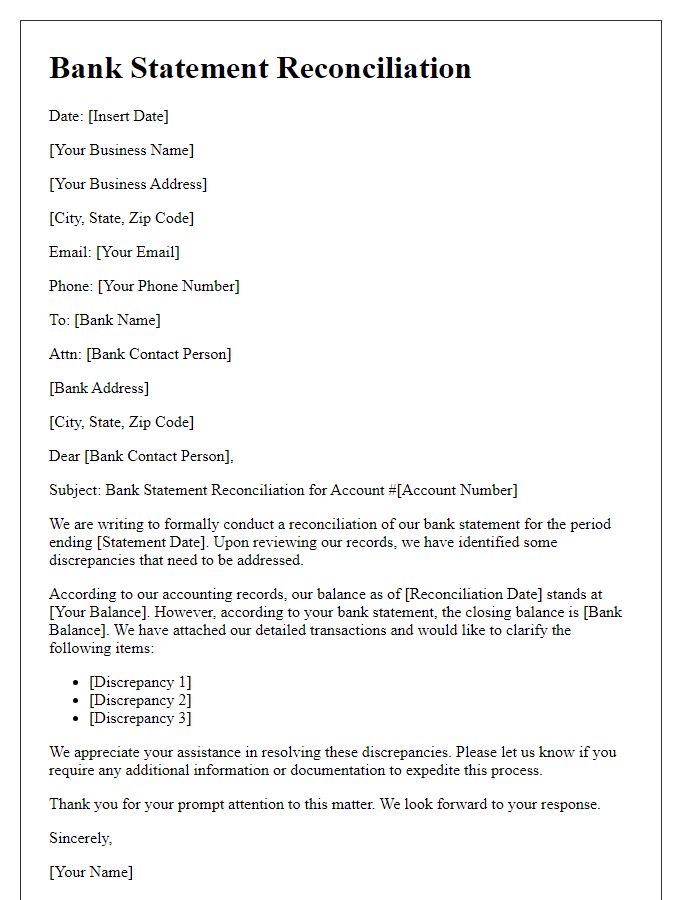 Letter template of bank statement reconciliation for business accounts