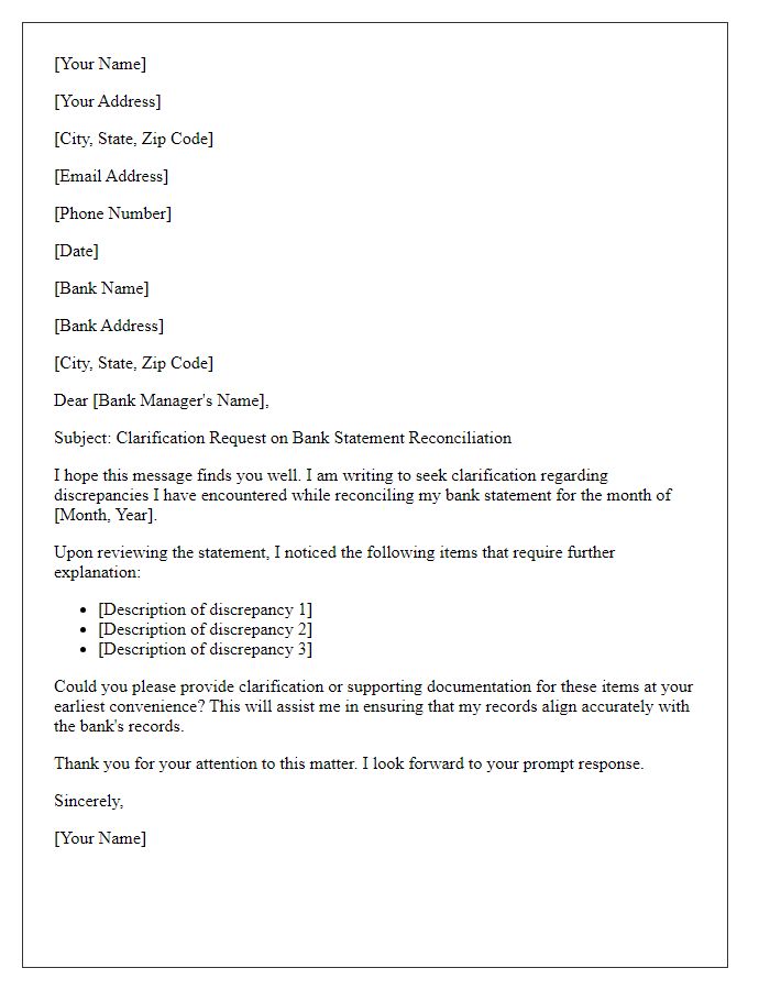 Letter template of bank statement reconciliation clarification