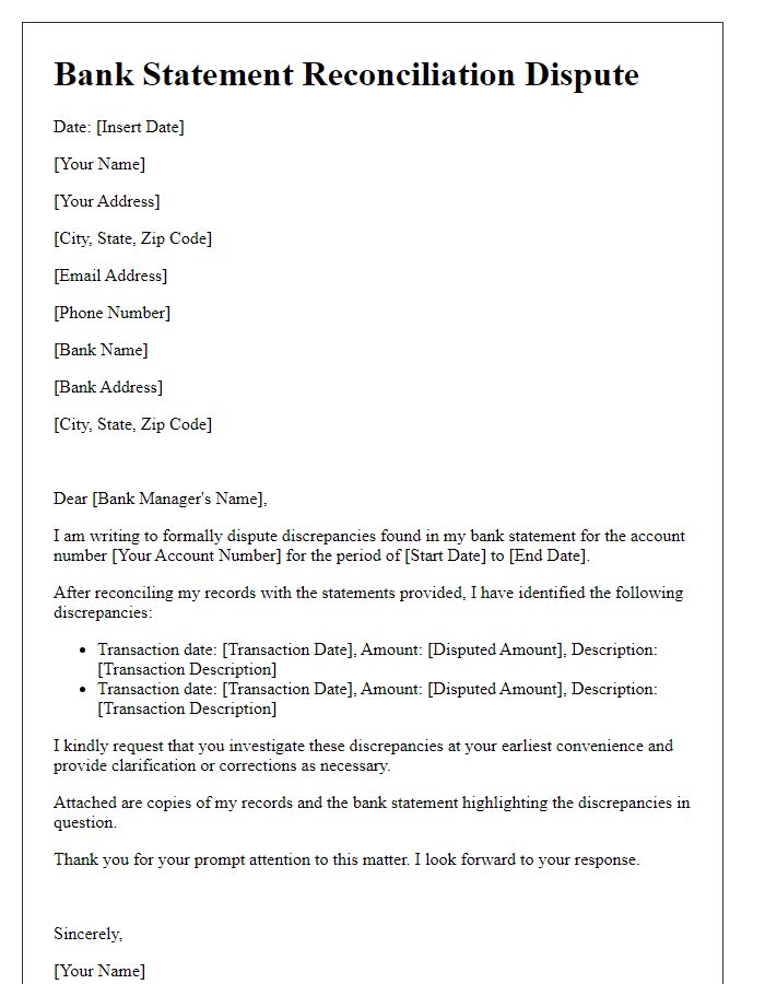 Letter template of bank statement reconciliation dispute