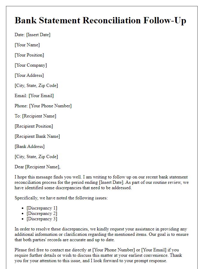 Letter template of bank statement reconciliation follow-up