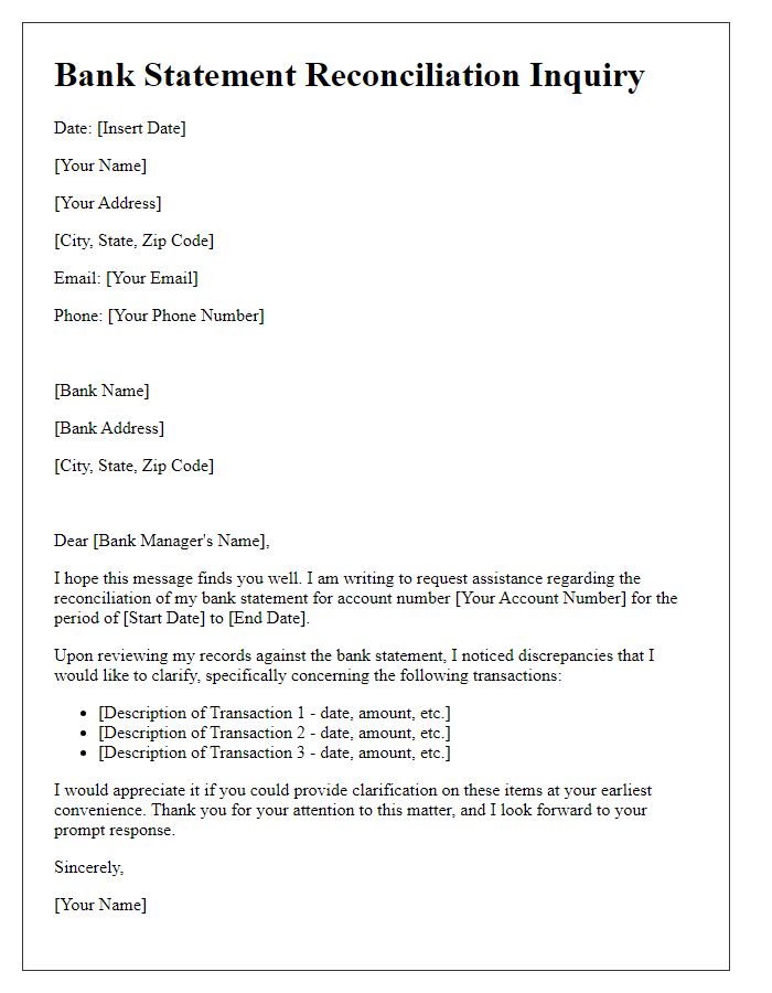 Letter template of bank statement reconciliation inquiry