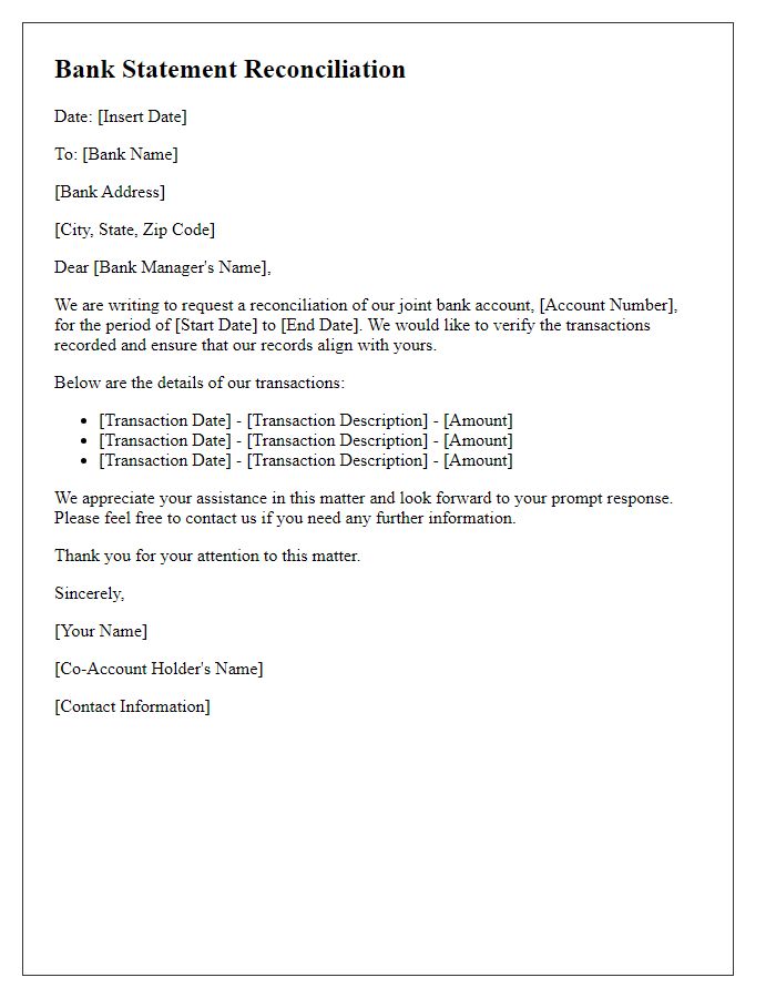 Letter template of bank statement reconciliation for joint accounts