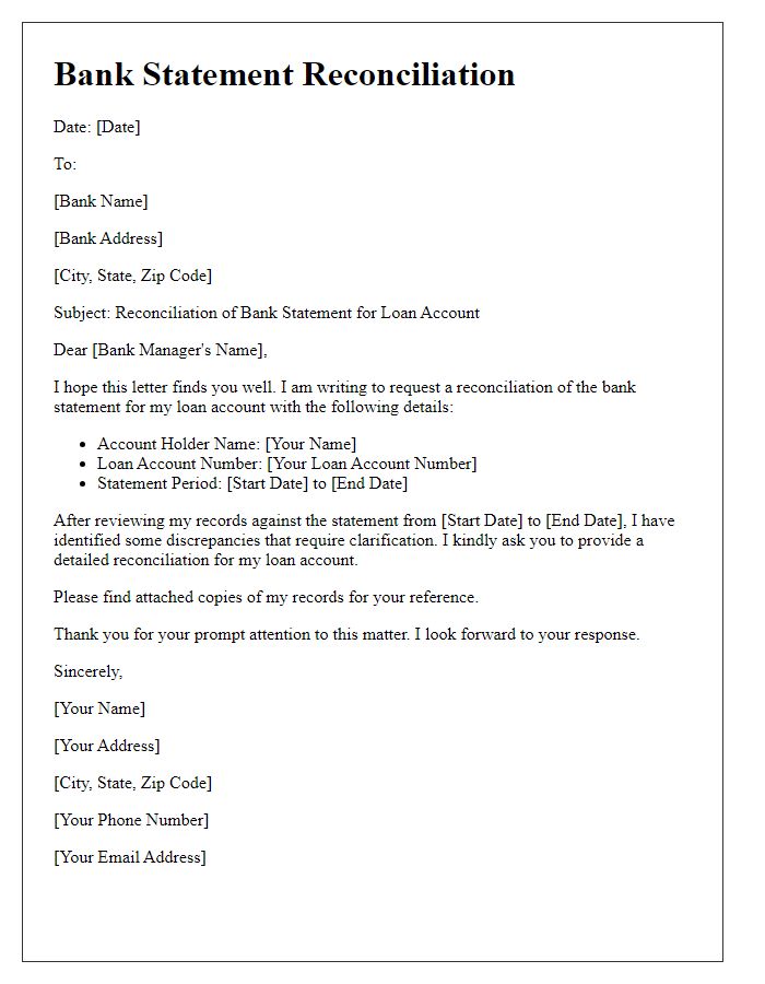 Letter template of bank statement reconciliation for loan accounts