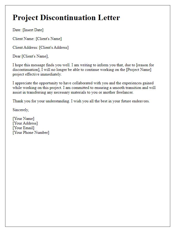 Letter template of freelance project discontinuation