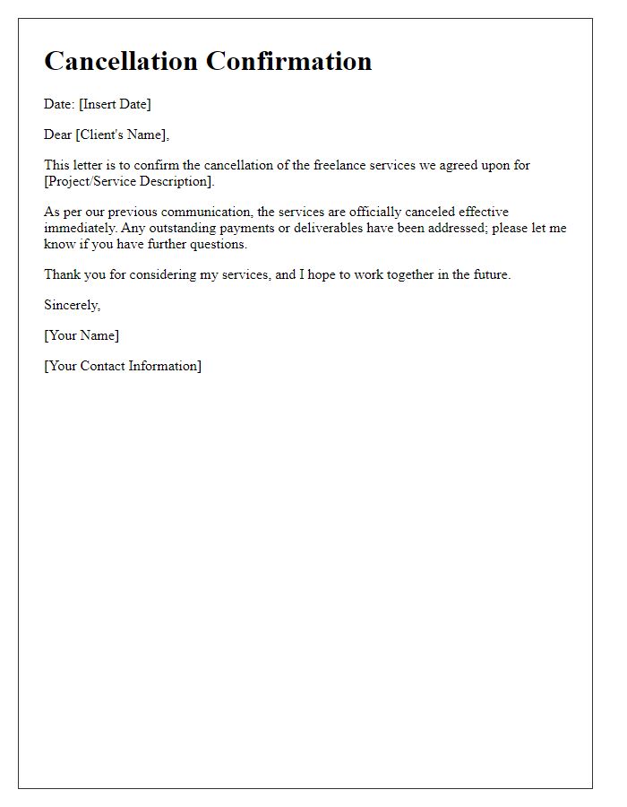 Letter template of freelance service cancellation confirmation