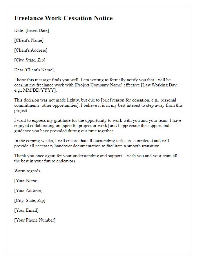 Letter template of freelance work cessation notice