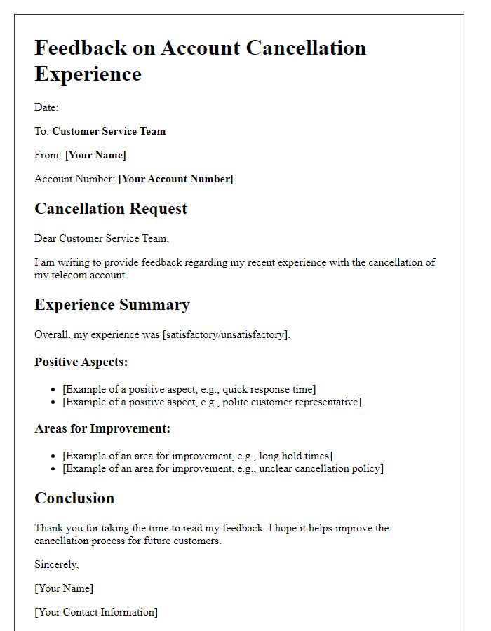 Letter template of telecom account cancellation experience feedback