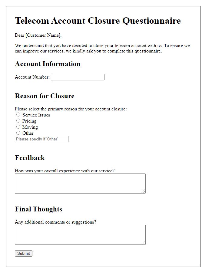 Letter template of telecom account closure questionnaire