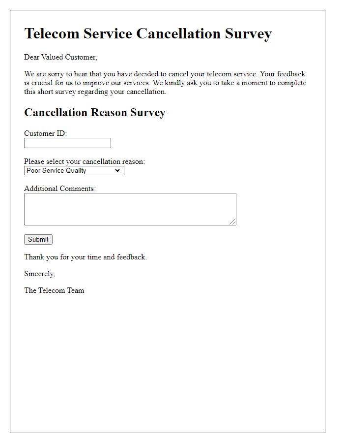 Letter template of telecom cancellation reason survey